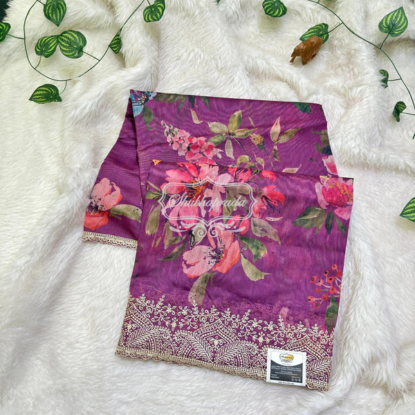 Magenta Floral Design Embroidery Border Chanderi Saree