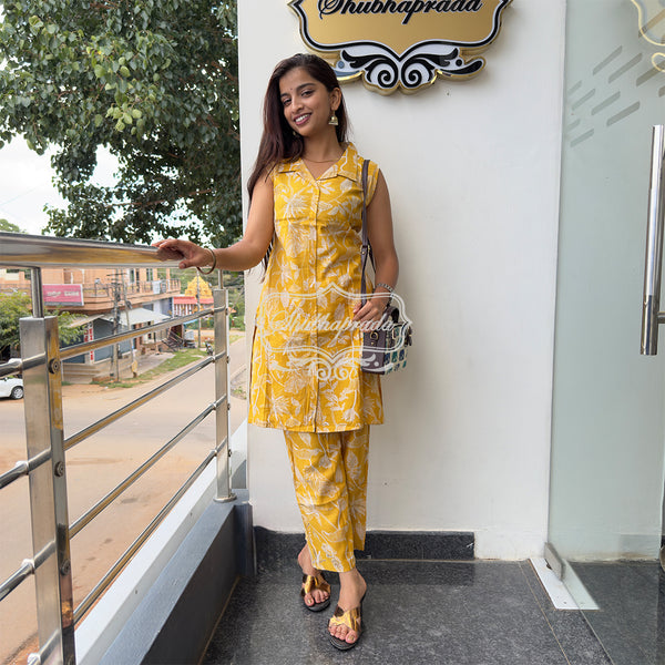 White Floral Design Bright Yellow Rayon Co-ord Set