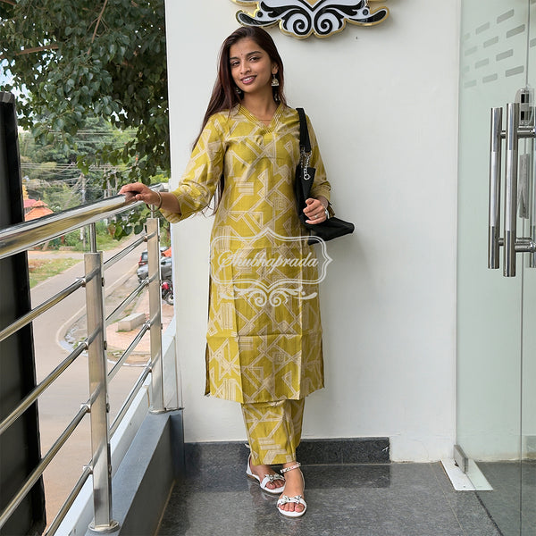 Geometrical Design Mustard Yellow Rayon Suit Set