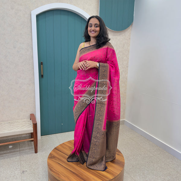 Rani Pink Premium Khaddi Georgette Buti Banarasi Saree