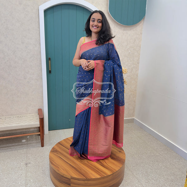 Navy Blue Premium Khaddi Georgette Buti Banarasi Saree