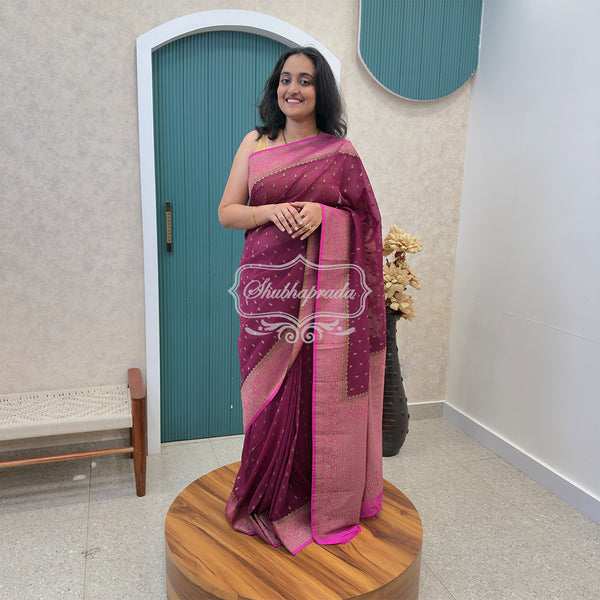 Wine Premium Khaddi Georgette Buti Banarasi Saree