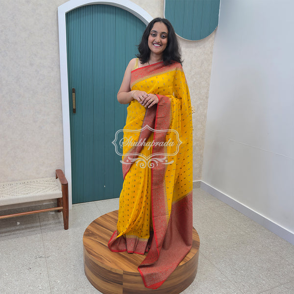 Yellow Premium Khaddi Georgette Buti Banarasi Saree
