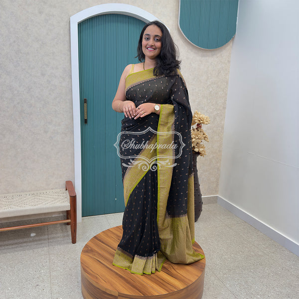 Black & OLive Green Premium Khaddi Georgette Buti Banarasi Saree