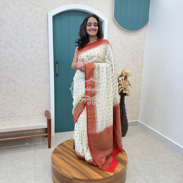 White Premium Khaddi Georgette Buti Banarasi Saree