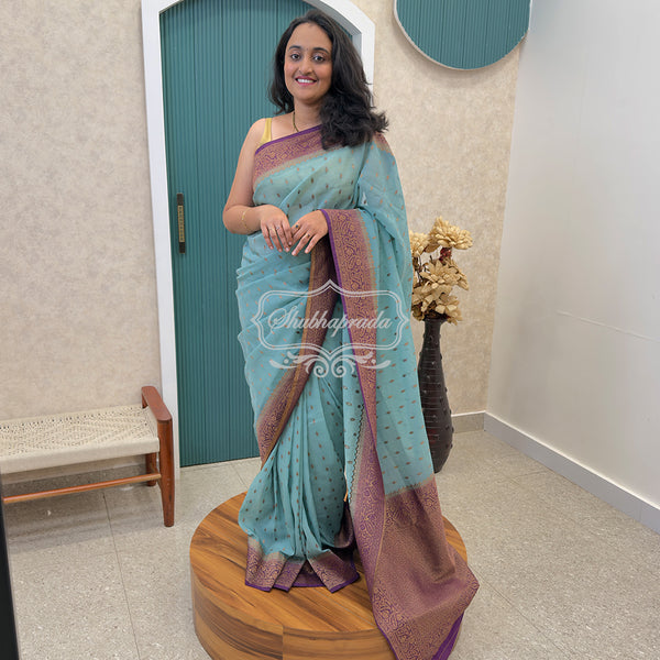 Distemper Blue Premium Khaddi Georgette Buti Banarasi Saree