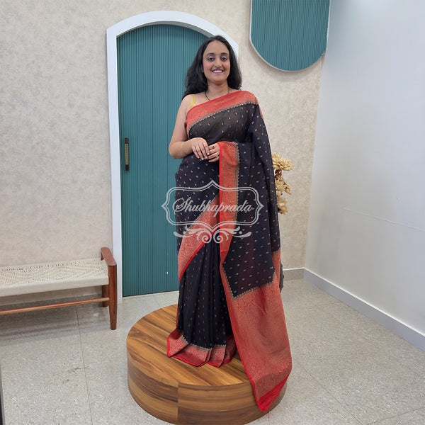 Black & Red Premium Khaddi Georgette Buti Banarasi Saree